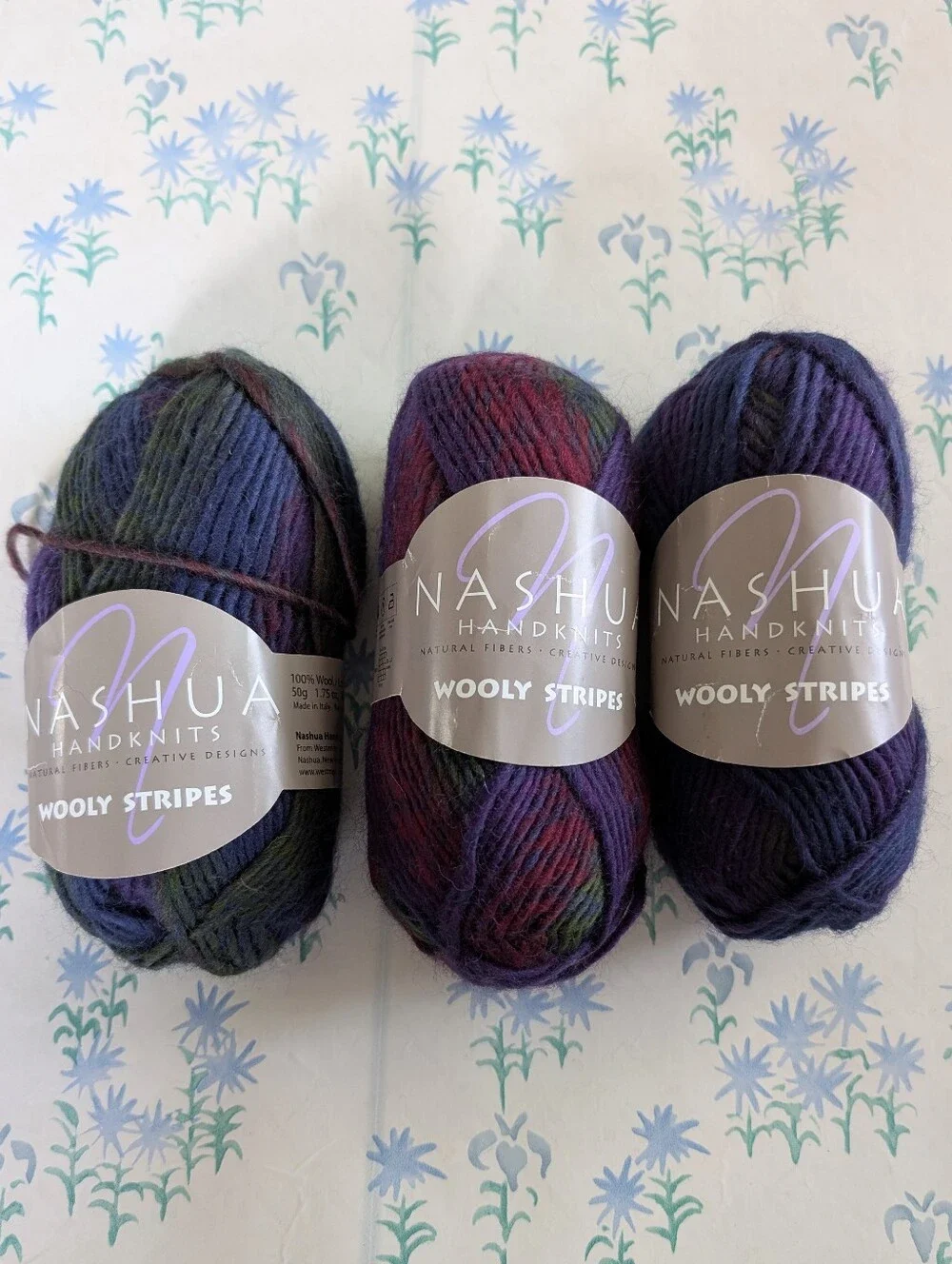 Lot Nashua Handknits Wooly Stripes Yarn NEW 100% Wool Tartan Purple Blue 88 yds